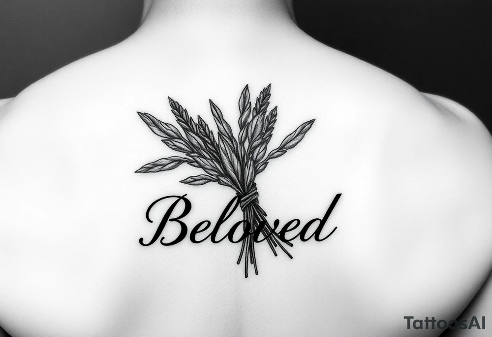make me an image  A sage bundle with “Beloved” underlined beneath it. tattoo idea
