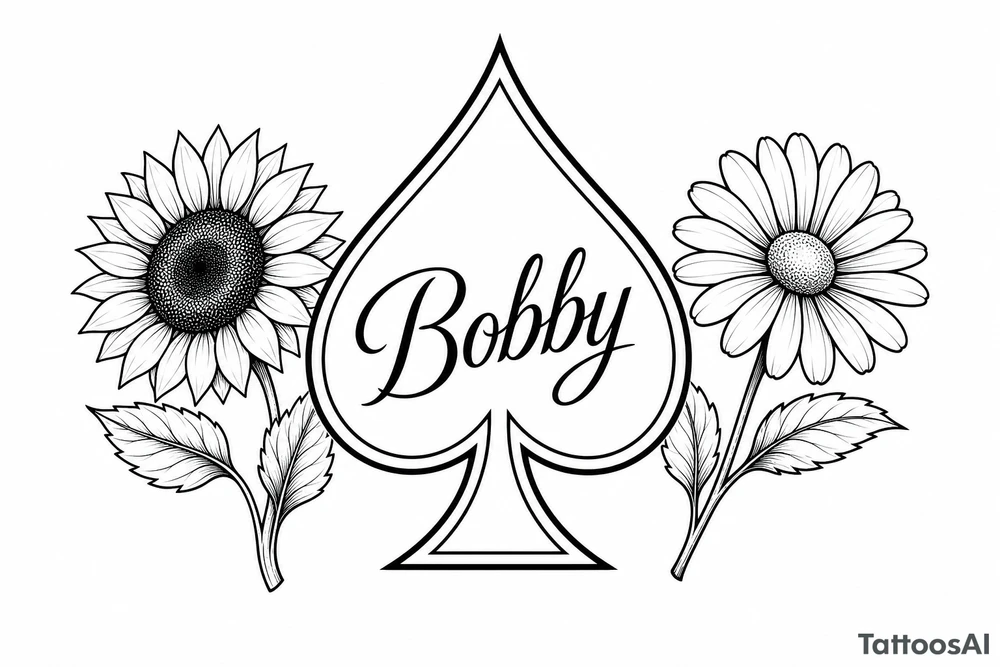 Bobby middle center inside the middle of the  with a sunflower and a daisy on each side of the spade very super extremely traceable to trace onto notebook paper, very super extremely easy and simple traceable tracing black and white outlining outline coloring pages very super extremely traceable to trace onto notebook paper tattoo idea