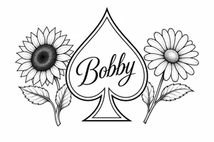 Bobby middle center inside the middle of the  with a sunflower and a daisy on each side of the spade very super extremely traceable to trace onto notebook paper, very super extremely easy and simple traceable tracing black and white outlining outline coloring pages very super extremely traceable to trace onto notebook paper tattoo idea