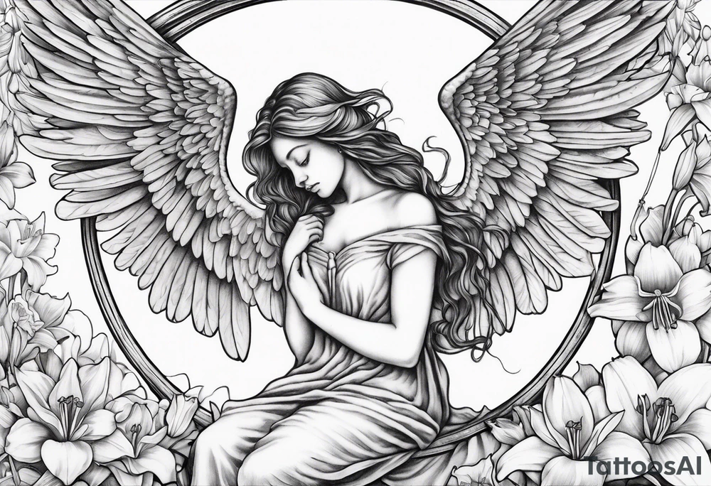 sad angel on swing from behind with sagging wings, with head down with face covered by hair surrounded by lily, daffodil, rose, daisy, narcissus tattoo idea