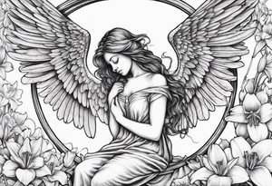sad angel on swing from behind with sagging wings, with head down with face covered by hair surrounded by lily, daffodil, rose, daisy, narcissus tattoo idea