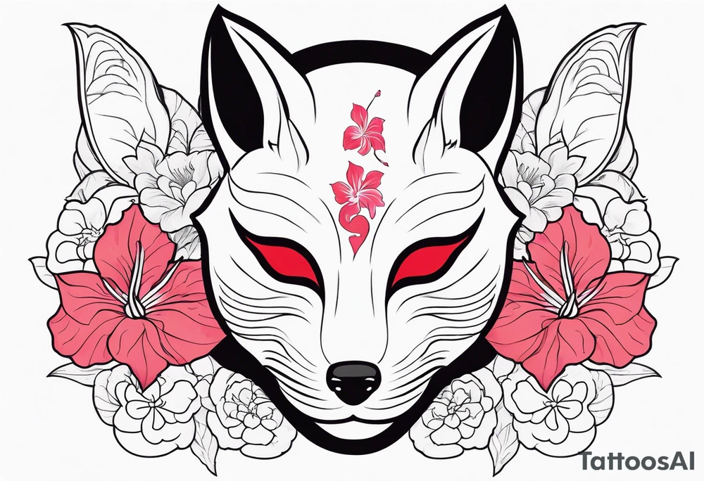 White japanese mask that looks like a kitsune with red accents and pink hibiscus flowers tattoo idea