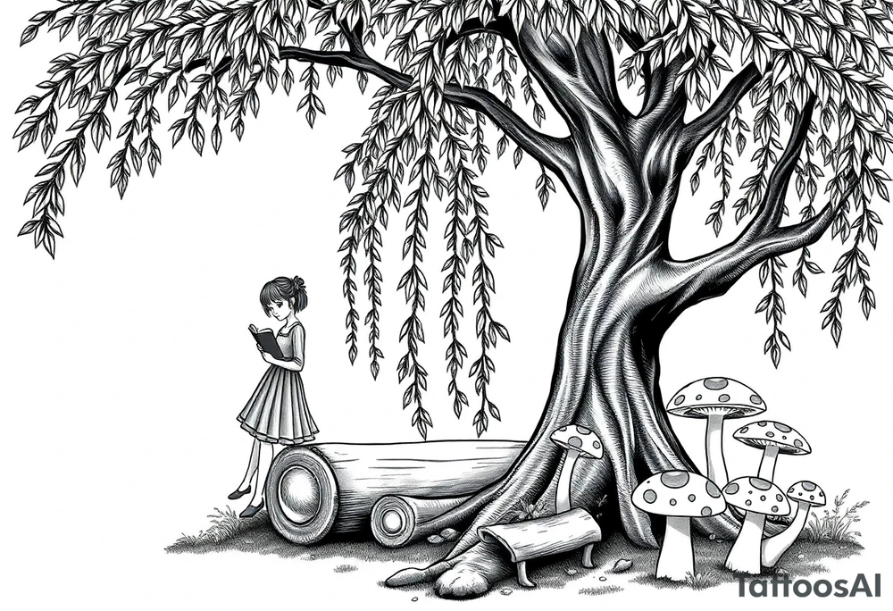 Magical woodland scene with logs, moss and toad stools with a pretty girl reading a book leaning against a very pretty willow tree with geometric boarder tattoo idea