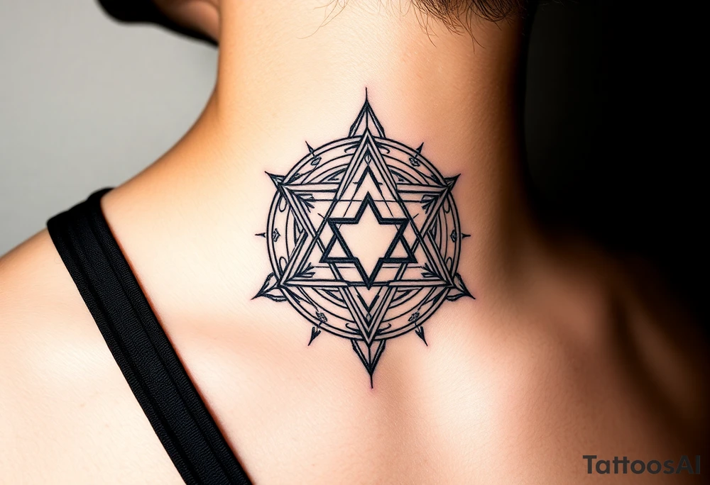 wide sacred geometry throat tattoo with multiple layers tattoo idea