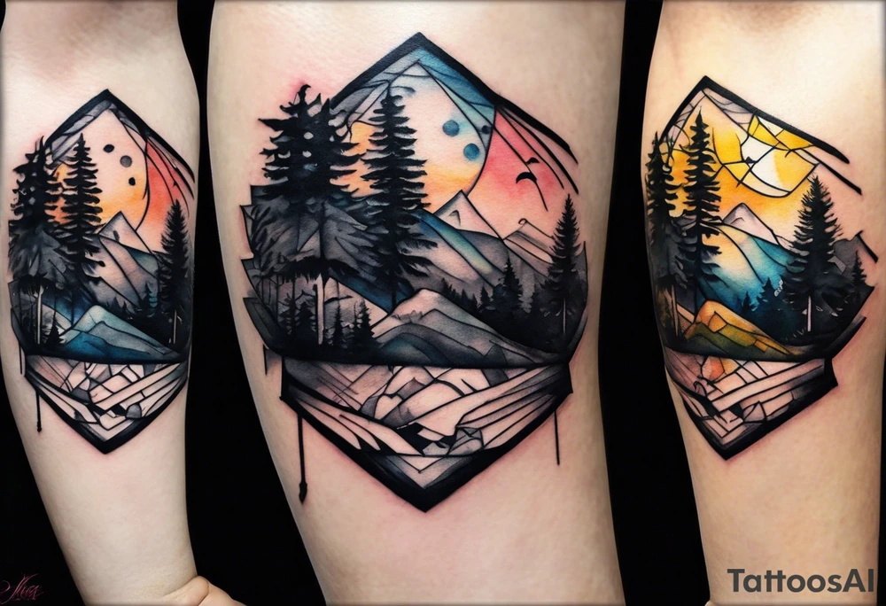 Small Watercolor inside arm tattoo, 4 inches. Black kite (Daya's name), nature (trees/flowers), rock/metal vibe (bold lines), sunflower. tattoo idea