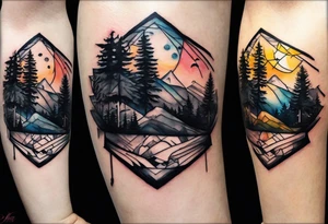 Small Watercolor inside arm tattoo, 4 inches. Black kite (Daya's name), nature (trees/flowers), rock/metal vibe (bold lines), sunflower. tattoo idea