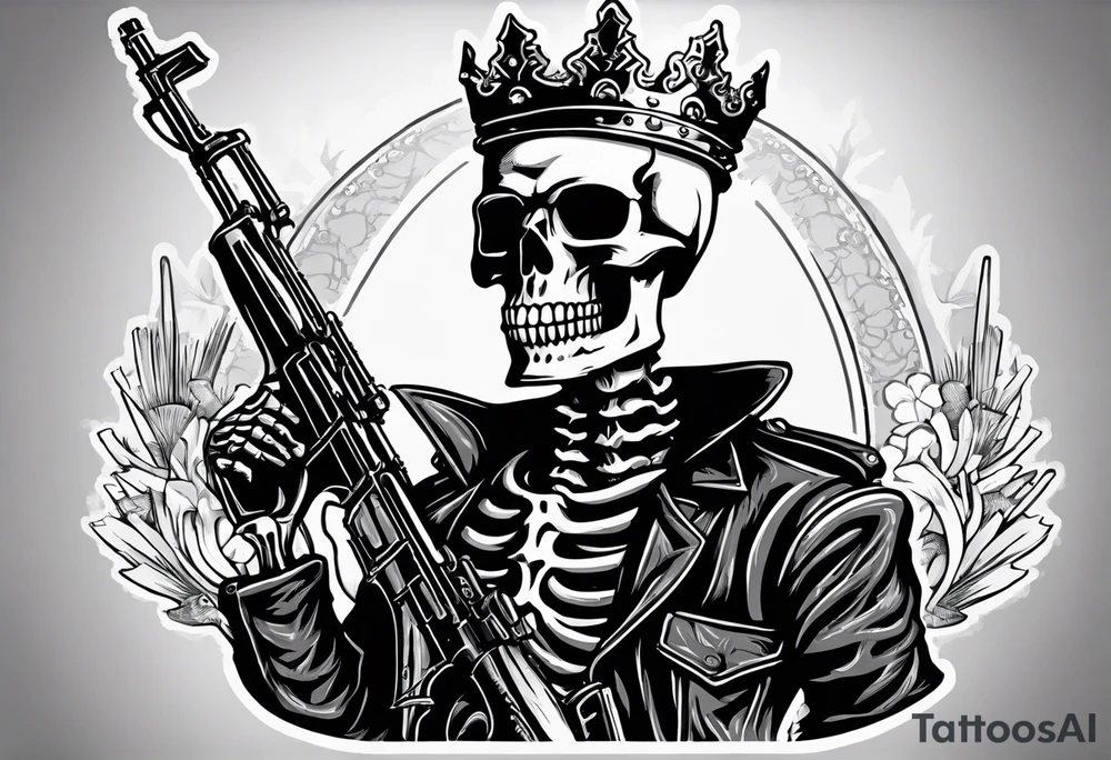image of a skeleton standing frontally with a crown on his head, holding an AK-47 on his shoulder with his right hand. The chain on the left should be taut, there are three angry barking Dobermans in it, near the waist tattoo idea