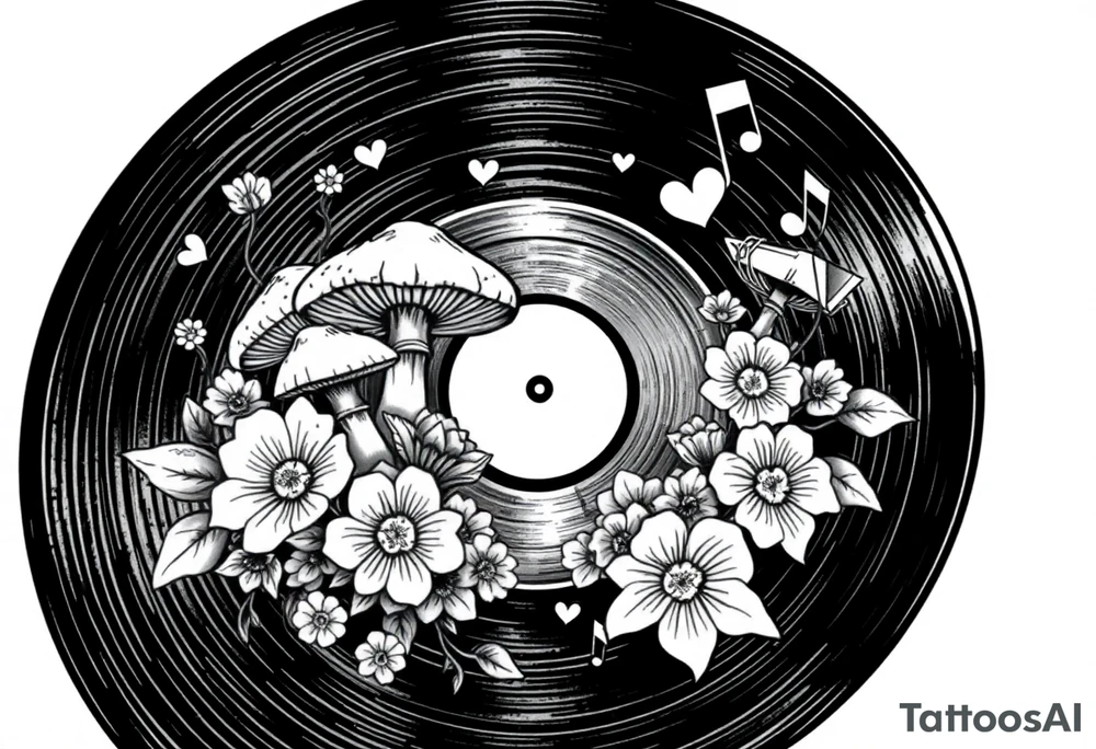 vinyl record with mushrooms, flowers, hearts, and music notes tattoo idea