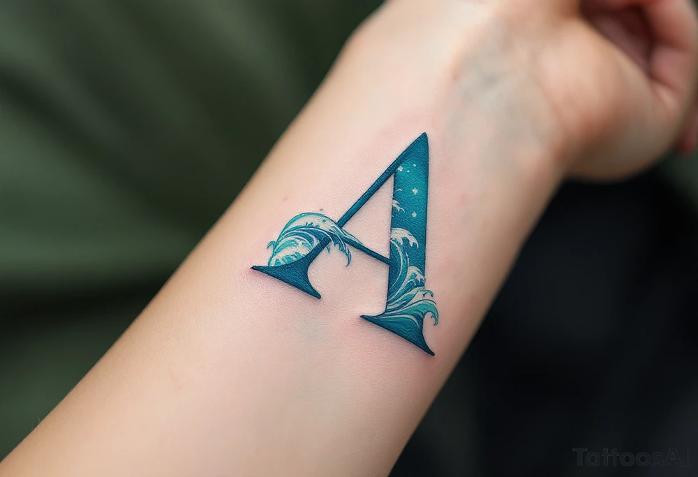 A sea-inspired "A" in deep turquoise and seafoam green, with wave details. tattoo idea