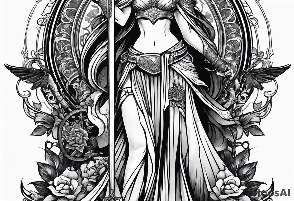 Nemesis, the goddess of justice, standing with sword and scale tattoo idea