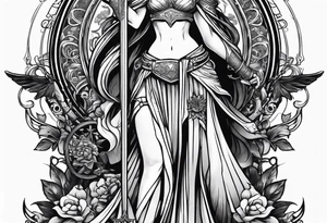 Nemesis, the goddess of justice, standing with sword and scale tattoo idea