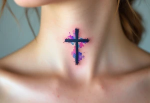 Abstract Watercolor Cross – A small black cross outlined in watercolor splashes of purple, blue, and pink, fading gently into the skin in the upper part of a neck, for a vibrant, artistic look. tattoo idea