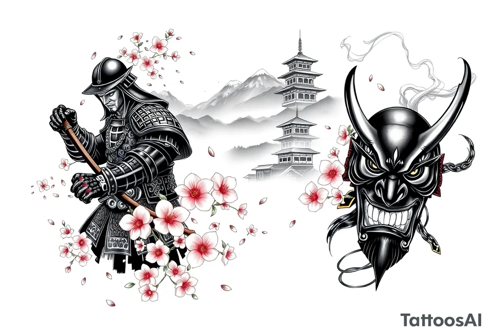 Design a detailed, all-black full arm sleeve tattoo featuring a traditional Japanese theme. The central figure is a fierce, heroic Japanese samurai warrior in full armor, wielding a katana. The samurai is positioned in a dynamic stance, as if preparing for battle, with intricate armor details like gold accents (only hinted in black shading) and ornate plating. Surrounding the samurai, delicate cherry blossoms bloom in full detail, their petals scattered across the sleeve with soft, swirling wind patterns. In the background, traditional Japanese structures, such as a pagoda, are subtly integrated, standing tall against a backdrop of misty, towering mountains that dominate the upper arm and shoulder area.

The sleeve also includes a highly detailed, intimidating Oni mask positioned on the inner forearm. The Oni mask has sharp, exaggerated features with heavy black shading, showing off its menacing grin and fiery eyes. Thin smoke or mist trails from the mask, weaving around the sleeve and merging with the surrounding elements. The overall design flows naturally, with the elements blending into each other seamlessly, using dark, dense shading to create depth and contrast, while maintaining a sense of movement and balance throughout the arm tattoo idea