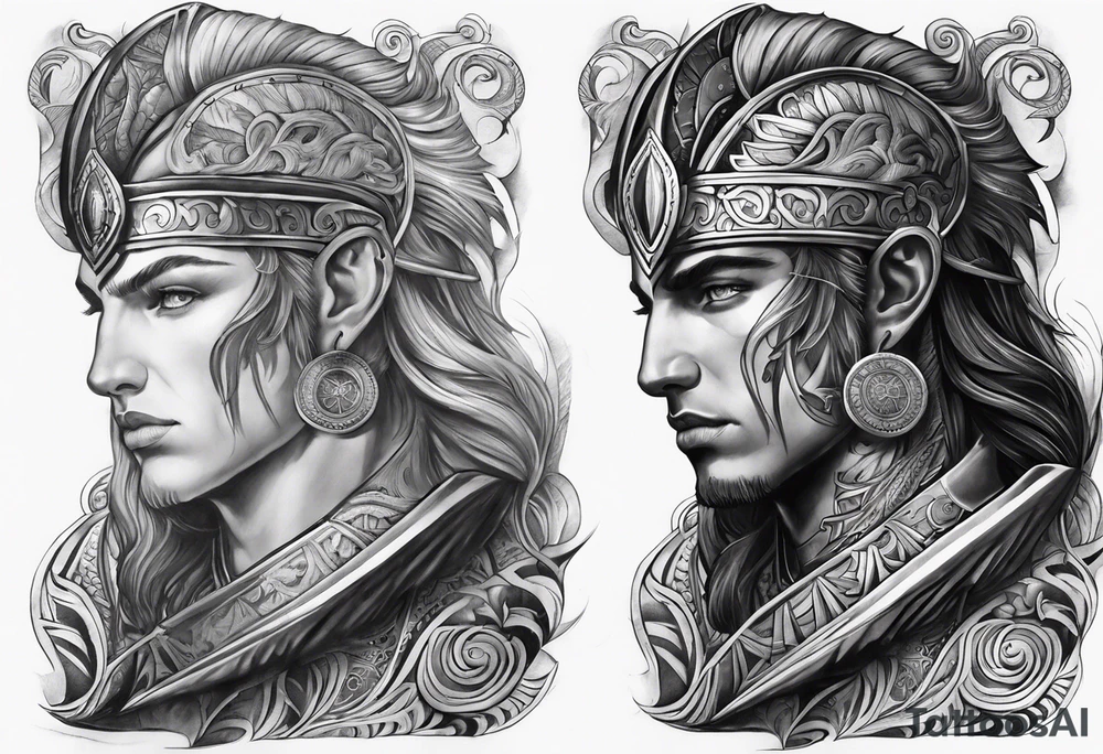 Chronos and Kairos represented as warriors arm sleeve tattoo idea