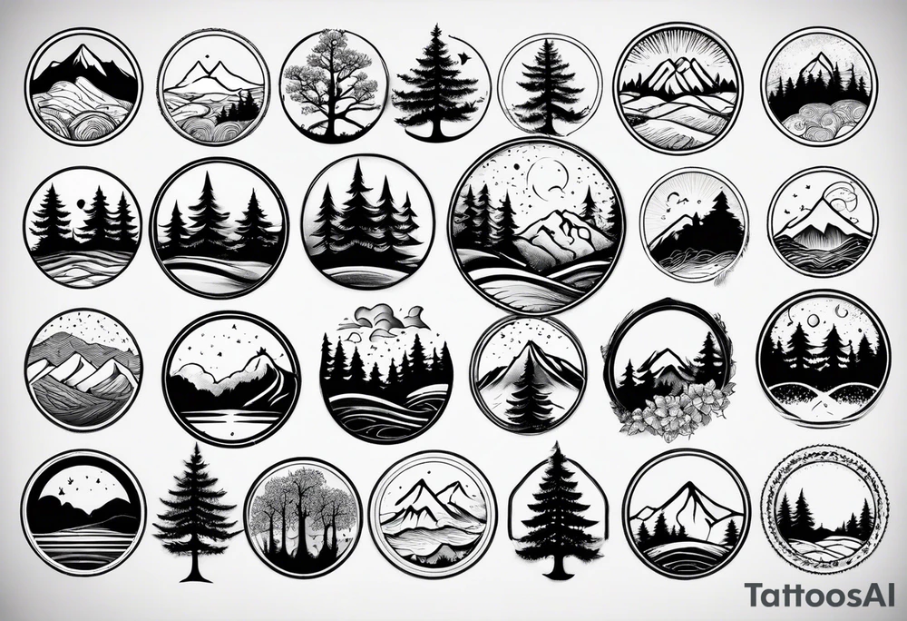 small circle shape trees mountain tattoo idea