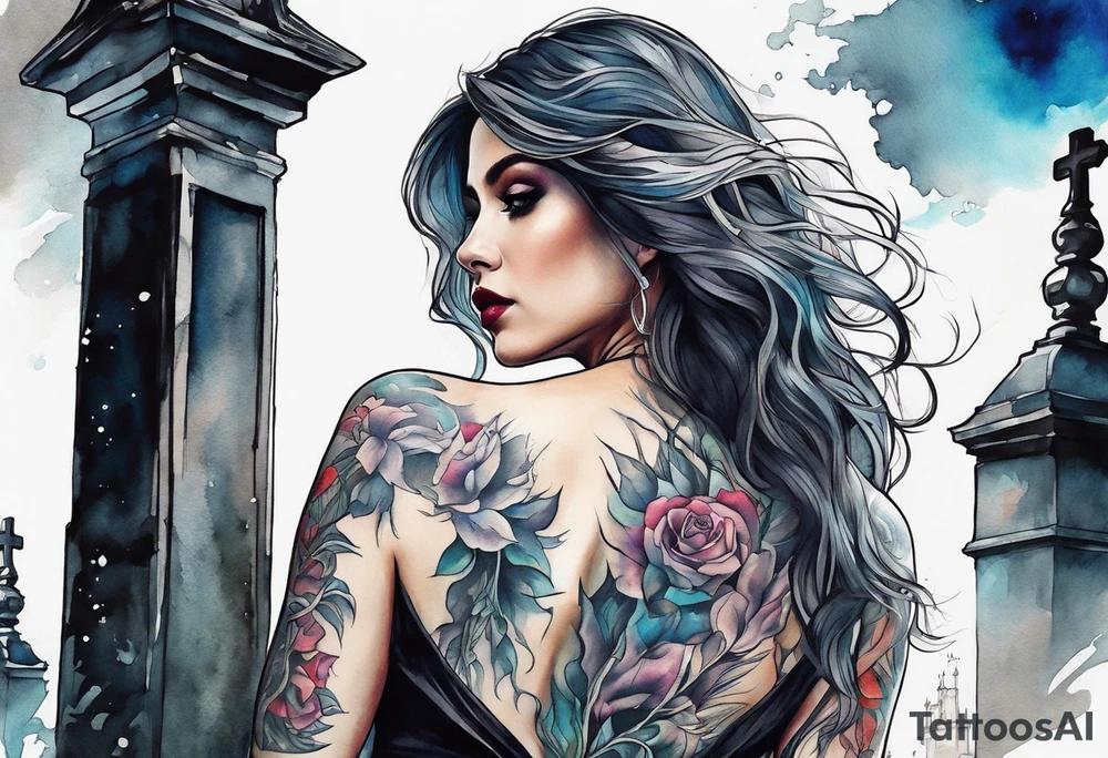 Woman walking out of a graveyard  leaving her old terrifying past behind her ethereal and mysterious tattoo idea