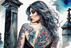 Woman walking out of a graveyard  leaving her old terrifying past behind her ethereal and mysterious tattoo idea