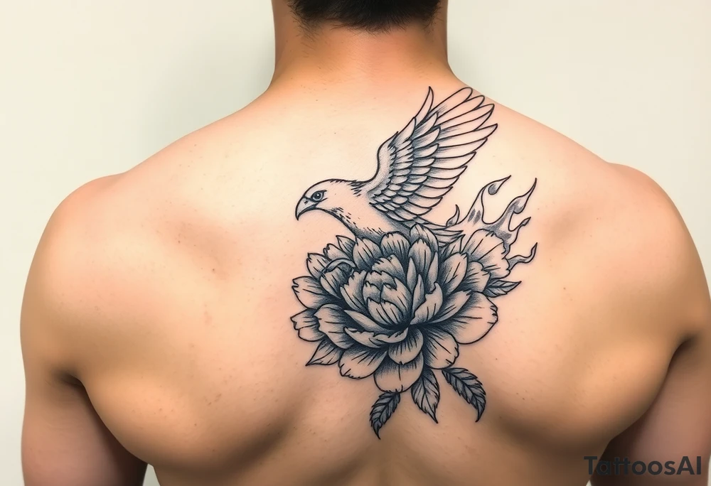 Pheonix flying  from a peony in flames realistic tattoo idea