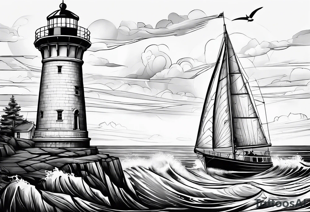 maritime lighthouse in a front view sailboat serving as a mast for a sail. tattoo idea