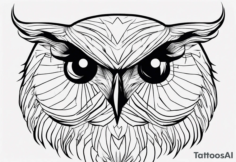 one black line drawing of owl head, in the style of simplified and stylized illustrations, simple line drawing, high resolution vector tattoo idea