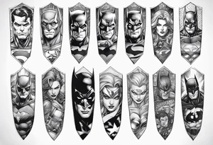 Full arm sleeve tattoo extending from shoulder to wrist featuring an assemble of all the emblems of DC comic heroes and villians tattoo idea