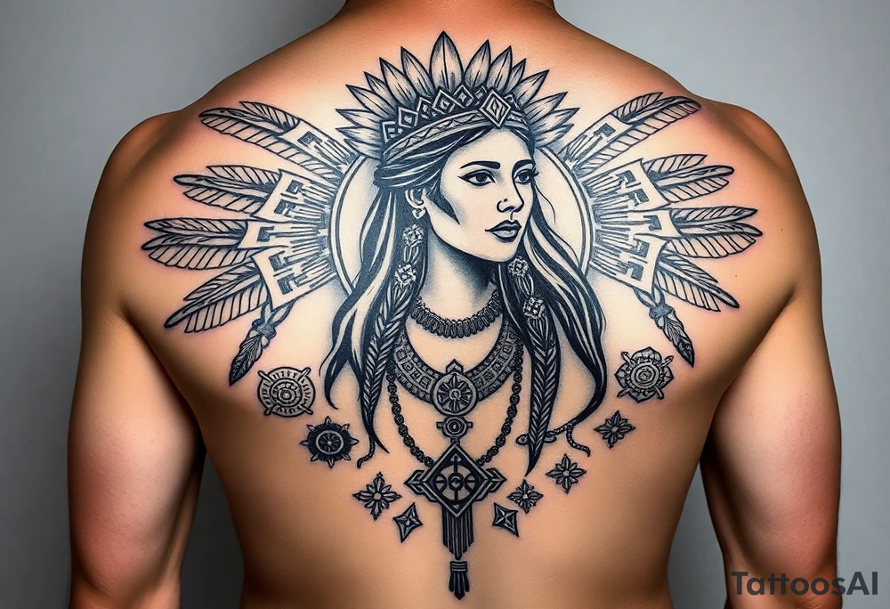 Purepecha princess surrounded by purepecha symbols historic tattoo idea