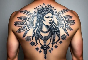 Purepecha princess surrounded by purepecha symbols historic tattoo idea