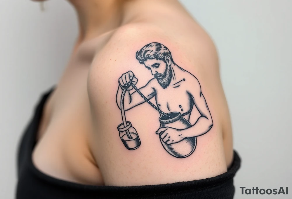 aquarius badass humanized version man trickling water from his jar along the arm tattoo idea