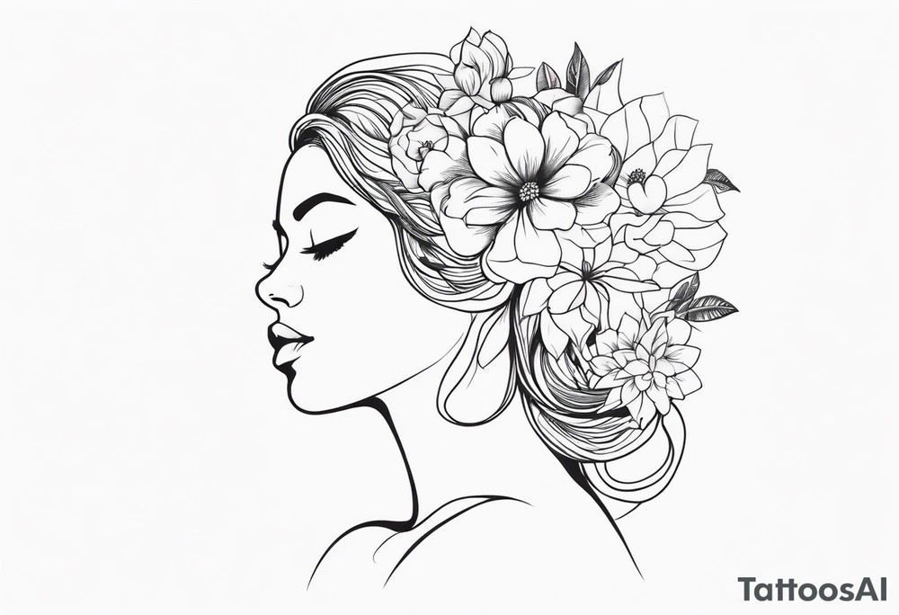 fine line tattoo with woman with flowers growing out of her head tattoo idea