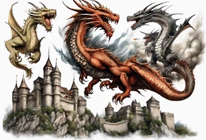 3 fierce dragons flying around the highest part of the castle, defending it from a village with angry people, angry villagers around the castle, realistic tattoo idea