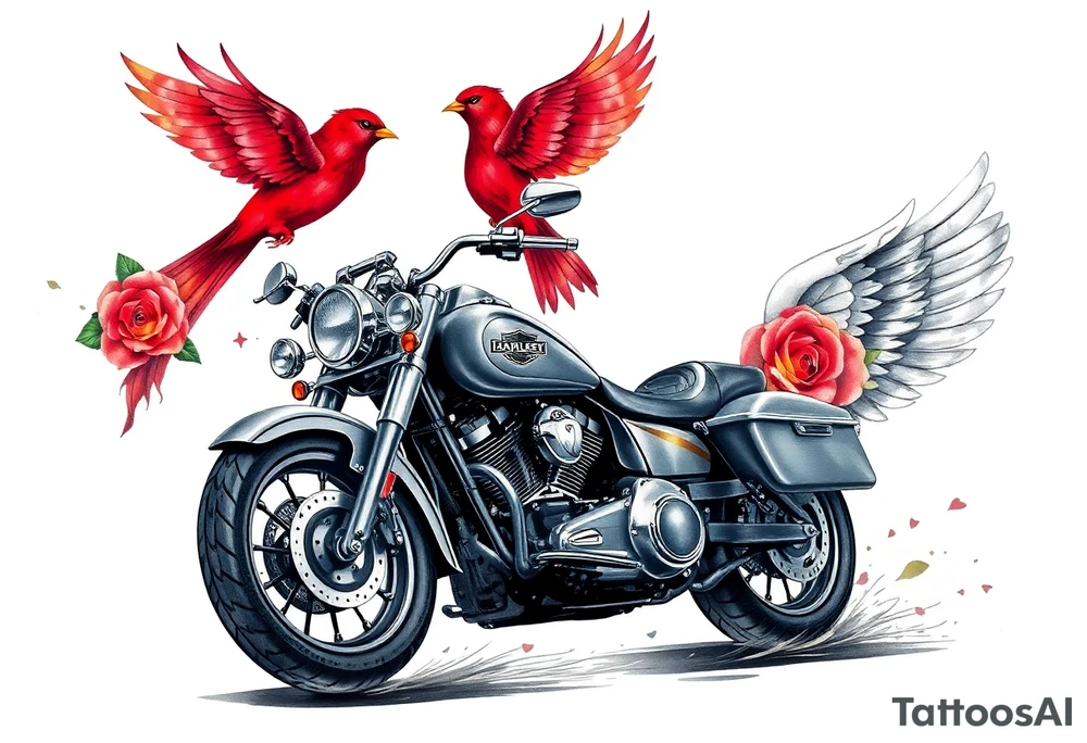 Harley grey motorcycle driving away, two red birds flying, roses, flames, angel wings tattoo idea