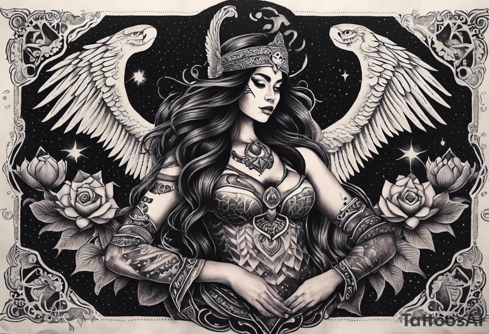 black kali, goddess pirate, alien, angel, pachamama, valkrye, warrior, flying, skull, lotus azul, wing, eagle, zenza resonance, stars, 5D, anahata chakra, death, durga, riding on a tiger, flying lady, kundalini, chest tatoo, rebel tattoo idea