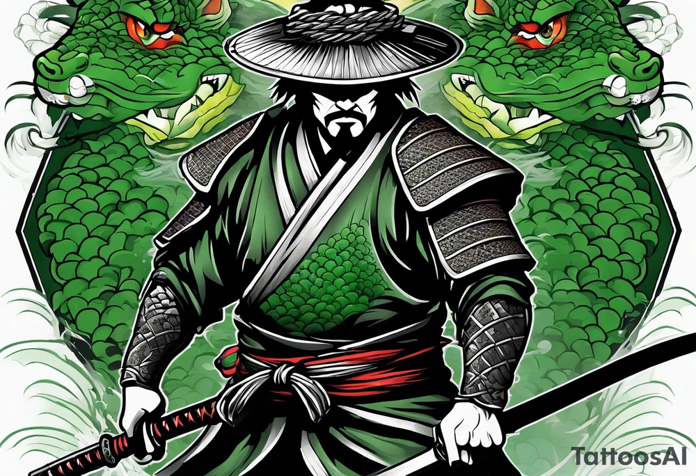 Ronin with drawn Katana in front of green dragon scale background in irezumi style tattoo idea
