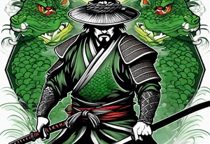 Ronin with drawn Katana in front of green dragon scale background in irezumi style tattoo idea