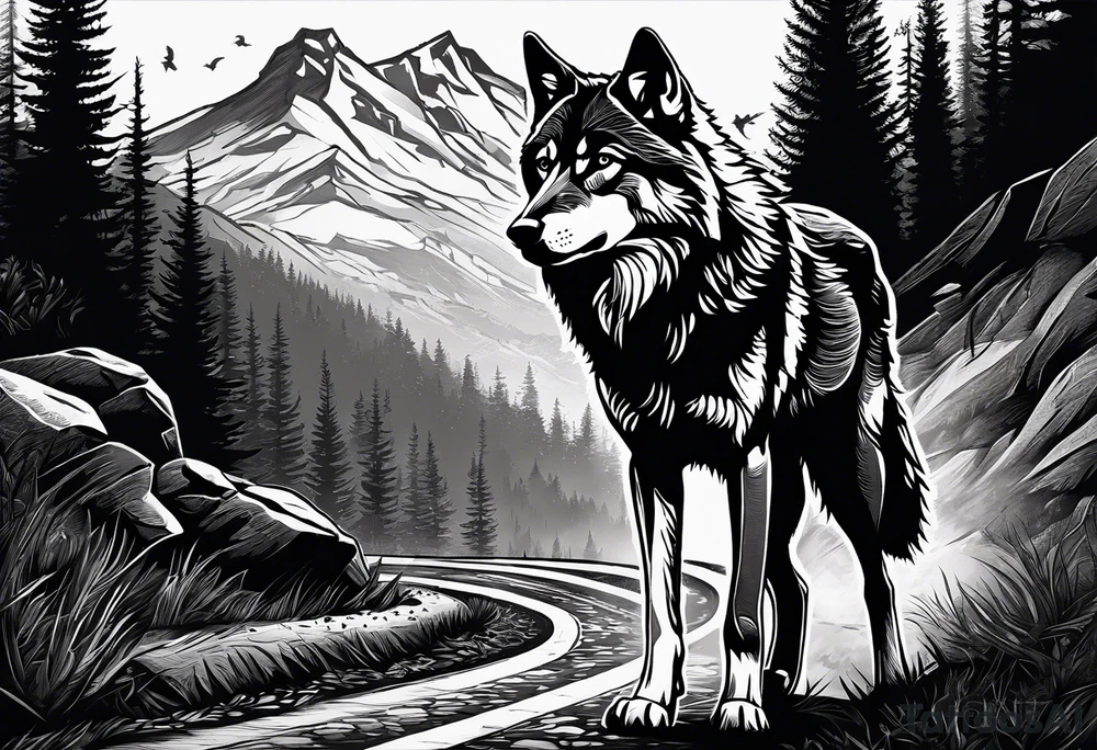 Lone wolf on a path or road. A pack of wolfs on the opposite end of road. tattoo idea