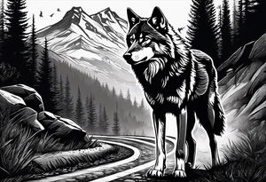 Lone wolf on a path or road. A pack of wolfs on the opposite end of road. tattoo idea