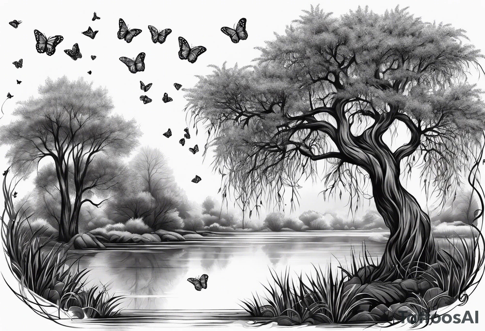 Weeping willow tree with butterflies tattoo idea