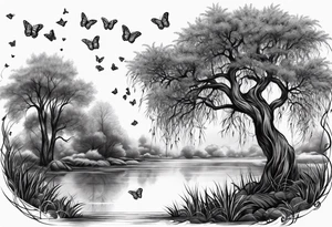 Weeping willow tree with butterflies tattoo idea