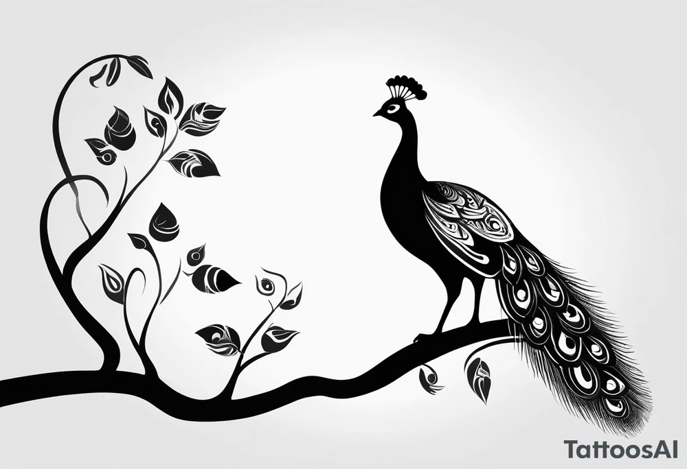 Black and white silhouette illustration of a beautiful peafowl standing gracefully on a branch. The bird’s majestic plumage is shown in a stylized, intricate design, with the tail fanned out in a sweeping arc. The silhouette captures the vivid shape of the bird’s feathers, creating a strong contrast against the minimalist background. The background is composed of simplified tree branches and abstract foliage shapes, evoking the lush forest setting while keeping the focus on the elegance of the peafowl perched delicately on the branch. tattoo idea