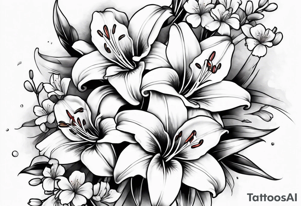 5 lilies and cherry blossom branch tattoo idea