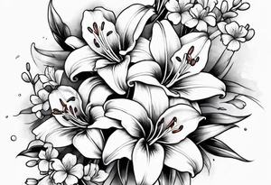 5 lilies and cherry blossom branch tattoo idea