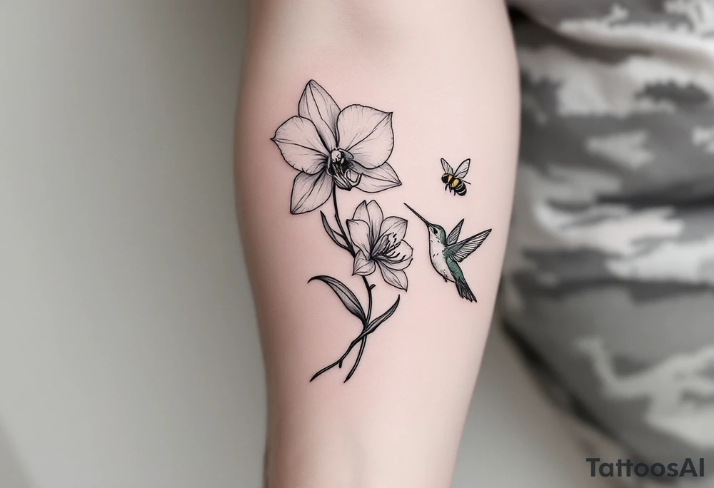 A delicate, black and white fine-line tattoo for male, featuring gracefully detailed 2 orchids in full bloom including their stems, with soft, intricate petals and elegant curves. Beside it, a hummingbird hovers mid-flight, its wings drawn with subtle motion lines, its slender beak reaching toward the orchid’s center to drink its nectar. on the other flower there is a bee that is resting tattoo idea