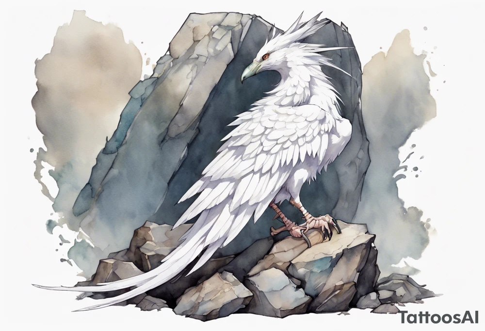 a white bird-wyvern hybrid wearing a plain iron band, perched on a stone throne tattoo idea