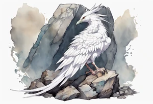 a white bird-wyvern hybrid wearing a plain iron band, perched on a stone throne tattoo idea