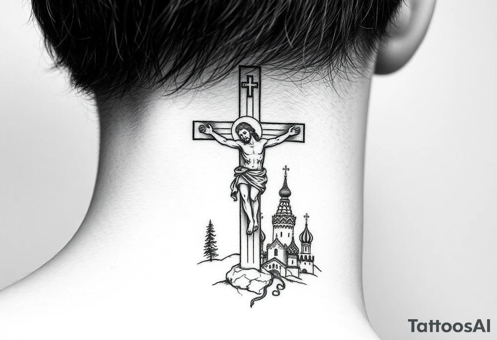 Traditional orthodox ICXC Christian cross with Jesus Christ on the cross also with the foot rest part of the cross in a Russian wilderness Kremlin setting tattoo idea