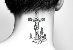 Traditional orthodox ICXC Christian cross with Jesus Christ on the cross also with the foot rest part of the cross in a Russian wilderness Kremlin setting tattoo idea
