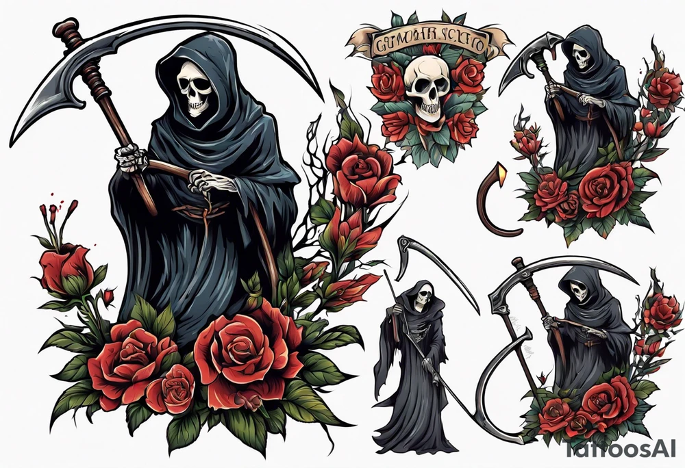 grim reaper holding scythe, flowers tattoo idea