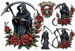 grim reaper holding scythe, flowers tattoo idea