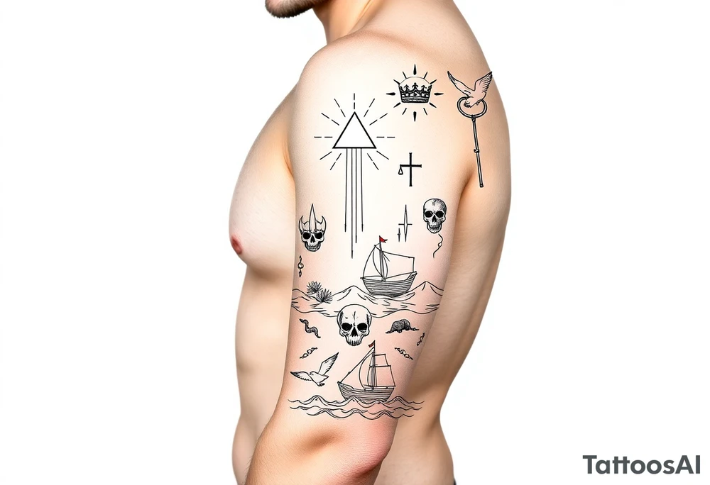 make a seamless sleeve design for a left arm from top of shoulder to wrist in fine line art that includes the images: candlestick, triangle, open hands, light, crown, a path, jacob wrestling with God, skull, ocean, bison, shepherd crook, dove, electricity, ship on the sea tattoo idea