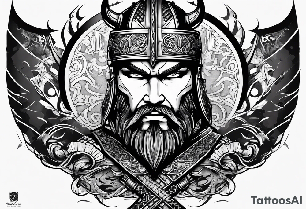 half face of a viking and half face of samurai tattoo idea